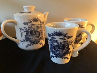 2002 Classic Ceramics California Pantry Blue Rooster Teapot & Cups Set