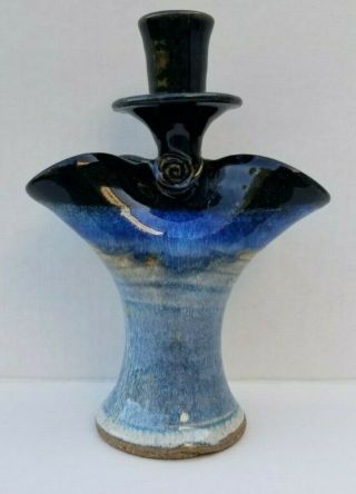 Candle Vase Combo Stewart Dark To Light Blue 8 " Stoneware Pottery Euc