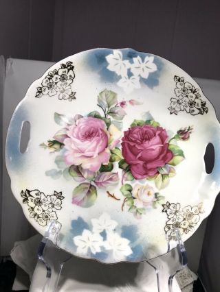 Vintage Germany Porcelain Pink Roses Flowers Serving Plate Double Cutout Handles