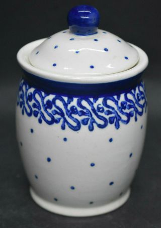 Vintage Boleslawiec Polish Pottery Small Jar Blue Dots & Spongeware Design