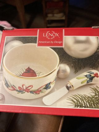 Lenox Winter Greetings Dip Bowl With Spreader With Holiday Cardinal - Nib