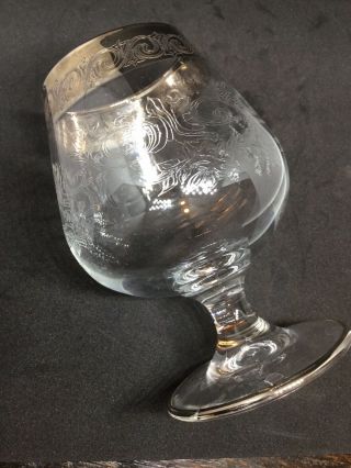 Six Vintage Etched Crystal Brandy Snifters Silver Etched Banded Rims 2