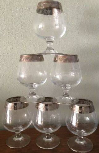 Six Vintage Etched Crystal Brandy Snifters Silver Etched Banded Rims 3