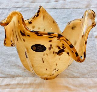 Vintg.  Murano Amber Tortoise Shell Cased Art Glass Bowl Vase White Cristal Italy