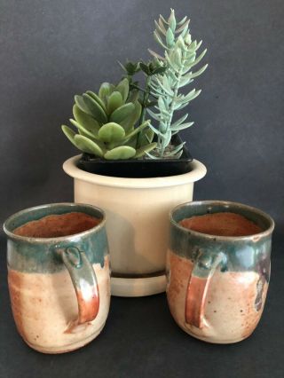 Hand Crafted Studio Art Pottery Stoneware Mugs Pair Signed Stamped Nelson