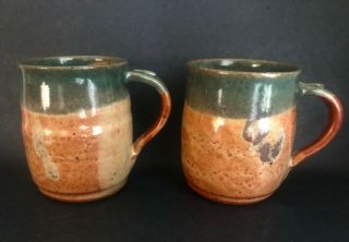 Hand Crafted Studio Art Pottery Stoneware Mugs Pair Signed Stamped Nelson 2