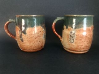 Hand Crafted Studio Art Pottery Stoneware Mugs Pair Signed Stamped Nelson 3