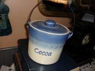 Cocoa Stoneware Jar With Lid.  Vintage,  Exc.  Pc.  Has Wire Handle.  No Makers Mark.
