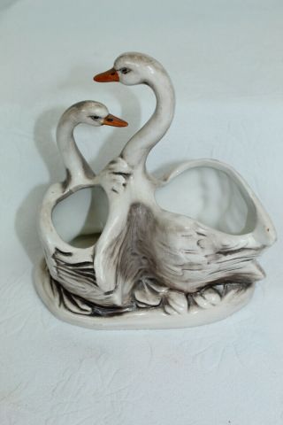 Vintage Capodimonte Double 2 Swans Planter Vase Figurine Made In Italy