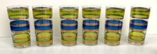 Set Of 6 Vintage Culver Glasses Gold Blue Green Barware 1960s Tumblers