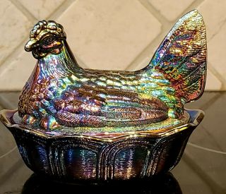 Vintage Fenton Iridescent Amethyst Carnival Glass Hen On Nest Candy Dish Nesting