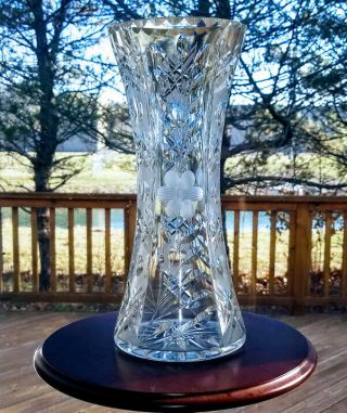 American Art Deco Brilliant Cut Glass Vase Etched Floral Design Corset Shape 12 "