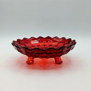 Vintage Fostoria American Cubist Glass Ruby Red Round Three Footed Dish