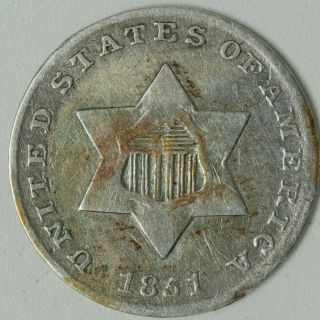 1851 Vf Silver Three Cent Piece 3 Cent Full Rims