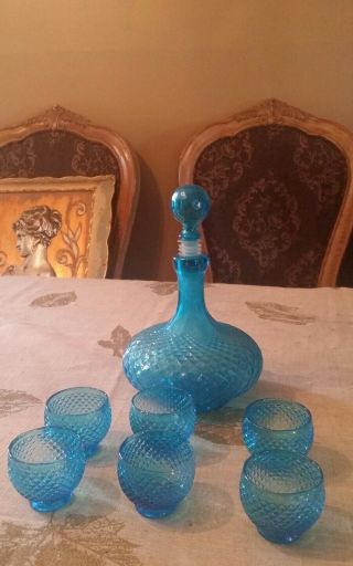 Art Glass Decanter Vintage Bottle And 6 Shot Glasses Blue Italian