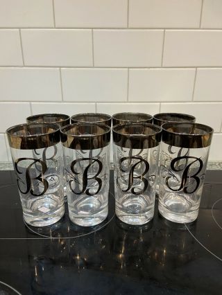 Set Of 8 Mid Century Silver Rim Glasses " B " Monogram Tall Tumbler Dorothy Thorpe