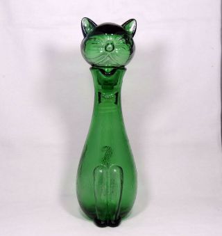 Vintage Retro Mid Century Italian Empoli Emerald Green Glass Cat Decanter 13.  5”