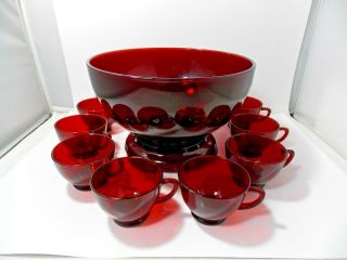 Anchor Hocking Ruby Red Glass Punch Bowl Stand And 8 Cups