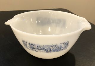 Currier And Ives Milk Glass Blue Wagon Train Mixing Bowl With Handles 9”
