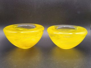 Kosta Boda Glass Yellow Swirl Votive Candle Holder Atoll Anna Ehrner Set Of 2