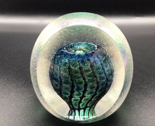 Signed Tom Philabaum Art Glass Paperweight Teal Blue Bubble Corporate Gift 2004