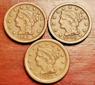 1845,  1848 & 1851 Large Cents - Looking Vg / Fine Coins