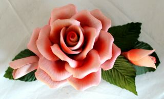 Vintage Pristine Fabar Capodimonte Porcelain Pink W Red Rose Flower Figure