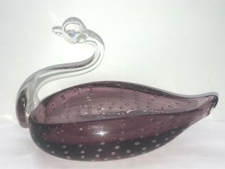 Vintage Amethyst Purple Murano Glass Swan Controlled Bubbles Candy Dish Bowl