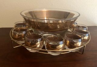 Vintage Mid Century Modern Culver Gold Trim Punch Bowl Stand And Cups