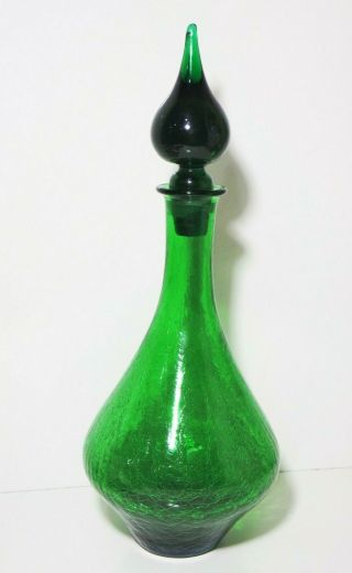 Vintage Mid.  Century Blenko Crackle Green Pinched Glass Stopper Decanter 13,  5