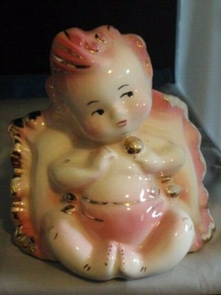 Vintage Hull 92 Usa Pink White Gold Ceramic Baby Girl Planter Art Pottery 1950 