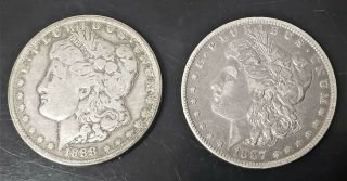 1887 - 1888 O Morgan 2 Silver Dollars Coins 0.  900 Silver Orleans