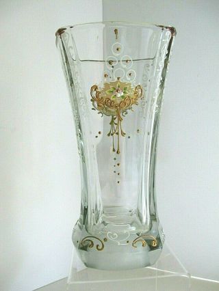 Lovely Vintage Tall/thick Italian Glass Vase Hand Painted - Beveled - Heavy