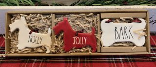Rae Dunn - Holly Jolly Bark - Set Of 3 Christmas Holiday Dog Ornaments