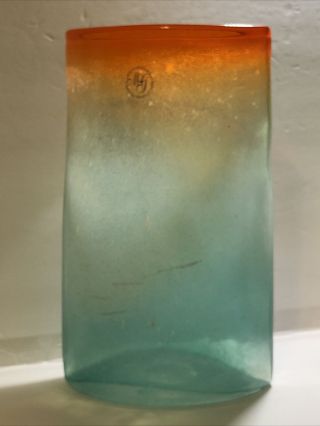Hand Blown Art Glass Vase Tangerine Orange & Blue By Margie 