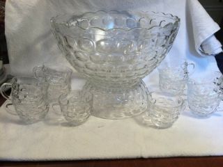 Federal Glass Yorktown Punch Bowl Set Jubilee Cups Clear Thumbprint