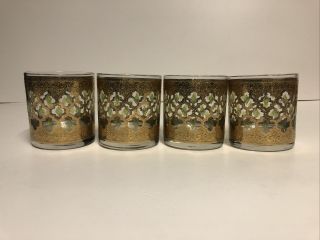 Set Of Four Vintage Culver Glasses Valencia Low Ball 22k Gold Green Diamond Mcm