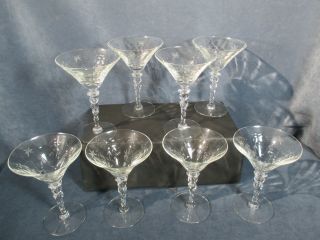 Champagne Glasses Vintage Etched Star Flower Faceted Stem Optic Elegant Set Of 8