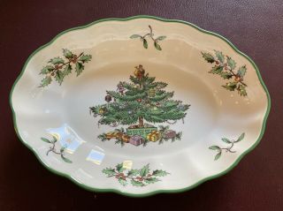 Spode England Christmas Tree Nut Bowl Oval Fluted Dish Small 5.  5 "