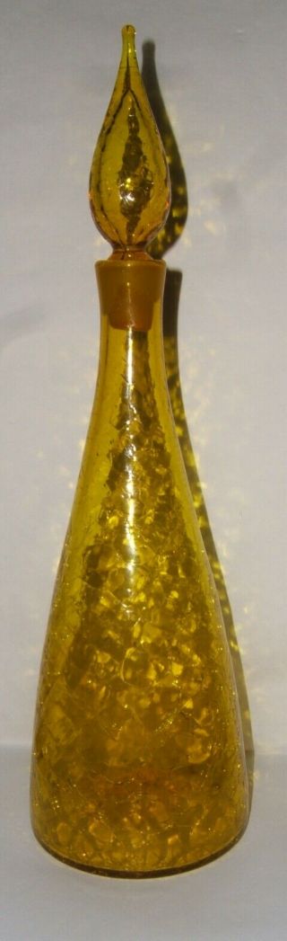 Blenko Glass Honey Amber Crackle Decanter And Stopper.  Classic Genie Bottle