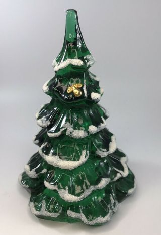 Vtg Fenton Glass 6” Christmas Tree Green W/white Snow & Golden Pear.