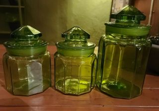 3 Le Smith Lime Green Glass Canisters Apothecary Jars Vintage Retro Mid Century