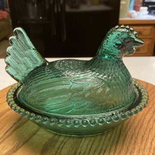 Vintage Indiana Glass Blue Green Hen On Nest Covered Candy Dish Euc