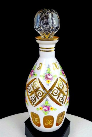 Bohemian Czech Moser White Cut To Amber Cabbage Rose 9 " Decanter