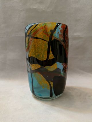 Dale Tiffany Hand Blown Art Glass Vase 8.  5 " Tall Blue Orange Red Black