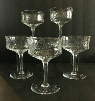 Vintage Crystal Etched Champagne Coupes Set Of 5