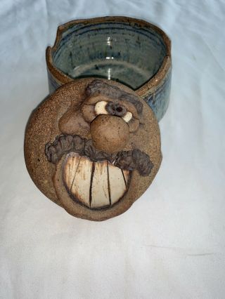 Vintage Small Stoneware Pottery With Face Mustache Man Signed
