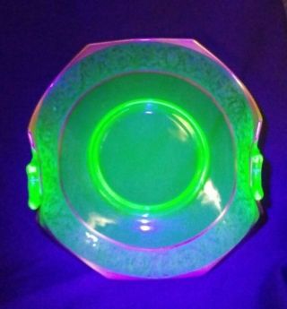 Uranium Glass Etched Two Handled Serving Tray With Gold Trim