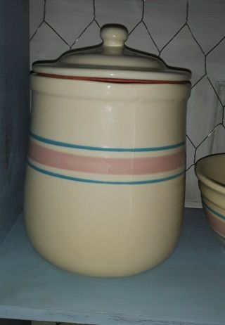 Vintage Mccoy Stone Craft Yellowware Pink & Blue Stripe Cookie Jar Canister 80s