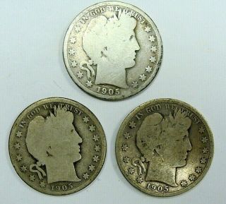 1905 P - O - S Low Mintage 3 Coin Barber Half Dollar Set,